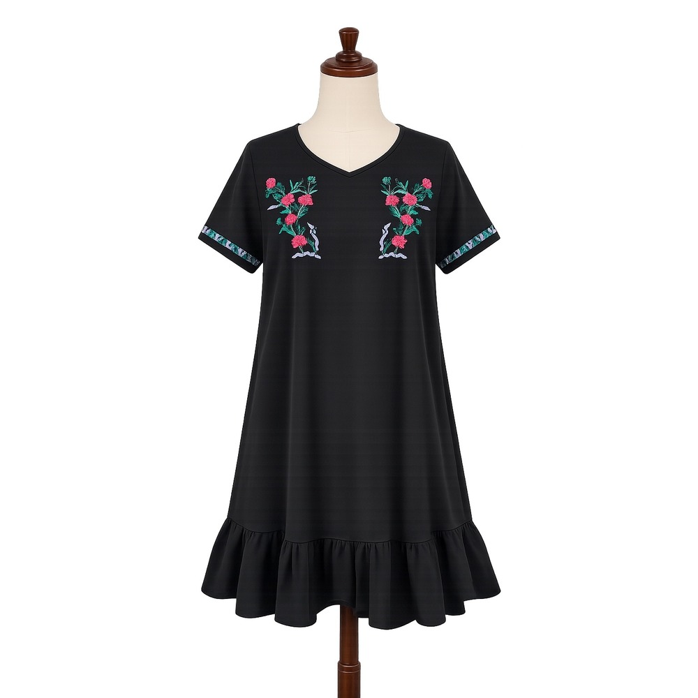 Entro Black Embroidered Boho Floral Ruffle Hem Mini Shift Dress Womens Medium